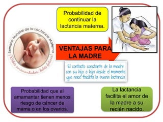 VENTAJAS PARA
LA MADRE
Probabilidad de
continuar la
lactancia materna.
Probabilidad que al
amamantar tienen menos
riesgo de cáncer de
mama o en los ovarios.
La lactancia
facilita el amor de
la madre a su
recién nacido.
 