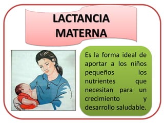 LACTANCIA
MATERNA
Es la forma ideal de
aportar a los niños
pequeños los
nutrientes que
necesitan para un
crecimiento y
desarrollo saludable.
 