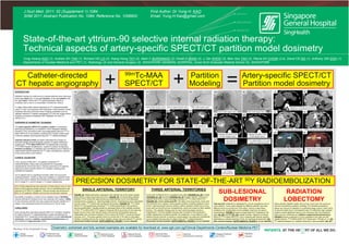 State-of-the-art yttrium-90 selective internal radiation therapy:
Technical aspects of artery-specific SPECT/CT partition model dosimetry
Yung Hsiang KAO (1), Andrew EH TAN (1), Richard HG LO (2), Kiang Hiong TAY (2), Mark C BURGMANS (2), Farah G IRANI (2), Li Ser KHOO (2), Bien Soo TAN (2), Pierce KH CHOW (3,4), David CE NG (1), Anthony SW GOH (1)
Departments of Nuclear Medicine and PET (1), Radiology (2) and General Surgery (3), SINGAPORE GENERAL HOSPITAL; Duke-NUS Graduate Medical School (4), SINGAPORE
J Nucl Med. 2011; 52 (Supplement 1):1084 First Author: Dr Yung H. KAO
SNM 2011 Abstract Publication No. 1084, Reference No. 1056602 Email: Yung.H.Kao@gmail.com
INTRODUCTION
Radiation therapy for solid tumors is always effective when delivered
at the right dose (Gy), in the right location, to the right patient, with
the right intent. Yttrium-90 (90Y) radioembolization failure is
invariably due to one or a combination of these four factors.
To date, radionuclide internal dosimetry for 90Y radioembolization
using 90Y resin microspheres (SIR-Spheres®, Sirtex Medical Limited,
Australia) has yet to embrace newer imaging modalities such as
catheter-directed CT hepatic angiography (CTHA) and single photon
emission computed tomography with integrated low-dose CT
(SPECT/CT).
OVERVIEW OF DOSIMETRIC TECHNIQUE
The artery-specific SPECT/CT partition model is a dosimetric
technique developed by our institution which integrates catheter-
directed CTHA, technetium-99m-macroaggregated albumin (99mTc-
MAA) SPECT/CT and partition modeling into a single unified state-
of-the-art radiation planning technique for 90Y radioembolization.
Catheter-directed CTHA accurately delineates the margins of
perfused hepatic arterial territories, superior to digital subtraction
angiography. 99mTc-MAA SPECT/CT tomographically evaluates
99mTc-MAA hepatic biodistribution, superior to planar scintigraphy.
Partition modeling is a validated and scientifically sound method of
radionuclide internal dosimetry for 90Y resin microspheres, superior
to the body surface area method.
CLINICAL VALIDATION
From January to May 2011, 22 patients underwent 90Y
radioembolization using resin microspheres for inoperable
hepatocellular carcinoma (HCC). Clinical outcomes of 10 patients
planned by artery-specific SPECT/CT partition modeling were
available for analyses.
All 10 patients had no significant toxicities within 24 hours post-
radioembolization. Follow-up data was available in 5 patients at the
time of this report. Median biochemical and imaging follow-up were
at 6.5 (range 4-11) and 8 (range 4-11) weeks respectively.
By partition modeling, a uniform tumor radiation dose of 80-90Gy
may be sufficient to achieve tumor size reduction at 4 weeks; ≥40Gy
to non-tumorous cirrhotic liver may cause liver function decline at 11
weeks; none developed pulmonary toxicity up to 7Gy to lungs.
CONCLUSION
Early results show that artery-specific SPECT/CT partition modeling
for state-of-the-art 90Y radioembolization is safe and effective for
inoperable HCC. Advanced clinical applications include sub-lesional
dosimetry, precision radiation segmentectomy/lobectomy and
the treatment of hypovascular tumors.
Catheter-directed
CT hepatic angiography
99mTc-MAA
SPECT/CT
Partition
Modeling
Artery-specific SPECT/CT
Partition model dosimetry+ + =
SINGLE ARTERIAL TERRITORY
FIGURE 1A: Digital subtraction angiogram with catheter tip at the proper hepatic
artery shows a large hypervascular tumor. FIGURE 1B: Corresponding catheter-
directed CTHA shows the large enhancing hypervascular tumor and delineates
arterial territory margins i.e. ‘planning target volume’. Unenhancing tumor represents
necrotic areas. 99mTc-MAA was injected at this location. FIGURE 1C: 99mTc-MAA
SPECT/CT tomographically assesses 99mTc-MAA biodistribution and performs
activity quantification. Visually guided by transaxial slices of the catheter-directed
CTHA, 99mTc-MAA SPECT/CT regions of interest (ROI) are drawn for the planning
target volume, tumor and necrotic areas. ROIs across all transaxial slices are
interpolated into volumes of interest (VOI) to derive the SPECT counts and tissue
volumes (cm3). The artery-specific tumor-to-normal liver (T/N ratio) is calculated.
Partition modeling derives the uniform radiation doses (Gy) and desired 90Y activity.
(Download worked example ‘SUPPLEMENTAL FIGURE 1’ at our website)
THREE ARTERIAL TERRITORIES
A liver with multifocal HCC is supplied by the right (FIGURES 2A, 2B), middle
(FIGURES 2C, 2D) and left (FIGURES 2E, 2F) hepatic arteries. Volumes of
interest (VOI) of the 3 planning target volumes on 99mTc-MAA SPECT/CT
(FIGURE 2G) obtains artery-specific T/N ratios, liver-lung shunts, tumor and
non-tumorous liver masses. Artery-specific partition modeling applied to each
of the 3 planning target volumes obtains uniform radiation doses (Gy) to lung,
tumor and non-tumorous liver compartments, which are unique to each arterial
territory. The radiation therapy plan for each planning target volume is
independent. The final radiation therapy plan is based on the physician’s
holistic assessment of patient-specific circumstances, in accordance to the
desired clinical outcome, to achieve a personalized, accurate and scientifically
sound radiation therapy plan for state-of-the-art 90Y radioembolization.
(Download worked example ‘SUPPLEMENTAL FIGURE 2’ at our website)
PRECISION DOSIMETRY FOR STATE-OF-THE-ART 90Y RADIOEMBOLIZATION
SUB-LESIONAL
DOSIMETRY
‘Sub-lesional’ dosimetry is applicable for a tumor supplied by two or
more arteries. Tumor parts supplied by different arteries may have
different tumor-to-normal liver (T/N) ratios. Failure to take these
variations into consideration during radiation planning can lead to
clinical failure. FIGURE 3 shows a single large HCC supplied by the
right (3A, 3B) and left (3C, 3D) hepatic arteries. Regions of interest
(ROI) on 99mTc-MAA SPECT/CT are in keeping with arterial margins
delineated by catheter-directed CTHA, for sub-lesional dosimetry (3E).
(See worked example ‘SUPPLEMENTAL FIGURE 3’ at our website)
RADIATION
LOBECTOMY
Artery-specific radiation doses (Gy) to lung, tumor and non-tumorous
liver are controlled by partition modeling. It is therefore possible to
deliver any amount of radiation to a planning target volume, within limits
of vascular stasis due to microparticle load. At sufficiently high radiation
doses to cause significant injury to non-tumorous liver, the treatment
intent may be considered as ‘radiation segmentectomy/lobectomy’.
FIGURE 4 shows a segment IV tumor supplied by the right and left
hepatic arteries. 99mTc-MAA SPECT/CT shows poor T/N ratio of 1.4 (4E).
90Y radioembolization by ‘radiation lobectomy’ was successful (4G, 4H).
Dosimetric worksheet and fully worked examples are available for download at: www.sgh.com.sg/Clinical-Departments-Centers/Nuclear-Medicine-PET
DSA of proper hepatic artery Catheter-directed CTHA of proper hepatic artery
99mTc-MAA SPECT/CT with
regions of interest (ROI)
ROI of necrotic tumor
ROI of tumor
ROI of planning
target volume
99mTc-MAA SPECT/CT with
regions of interest (ROI)
ROI of
necrotic
tumor
ROI of
tumor
ROI of planning
target volume for
right hepatic artery
ROI of planning
target volume for
left hepatic artery
ROI of planning
target volume
for middle
hepatic artery
DSA of right hepatic artery DSA of middle hepatic artery DSA of left hepatic artery
Catheter-directed CTHA
of right hepatic artery
Catheter-directed CTHA
of middle hepatic artery
Catheter-directed CTHA
of left hepatic artery
DSA of right hepatic artery DSA of left hepatic artery
Catheter-directed CTHA
of right hepatic artery
Catheter-directed CTHA
of left hepatic artery
99mTc-MAA SPECT/CT with
regions of interest (ROI)
ROI of planning
target volume for
left hepatic artery
ROI of planning
target volume for
right hepatic artery
ROI of tumor
portion supplied by
right hepatic artery
ROI of tumor
portion supplied by
left hepatic artery
Diagnostic CT showing recurrent tumor
in segment IV (4A transaxial; 4B coronal)
Catheter-directed CTHA of right hepatic artery Catheter-directed CTHA of left hepatic artery
99mTc-MAA SPECT/CT shows good T/N ratio in
right hepatic arterial territory but poor T/N ratio
in left hepatic arterial territory
90
Y radioembolization was planned with ‘radiation
lobectomy’ intent to the left hepatic arterial
territory. Bremsstrahlung SPECT/CT shows
excellent tumor activity in both arterial territories
Diagnostic CT at 10 weeks post-radioembolization shows
interval reduction of tumor size (4G transaxial; 4H coronal)
All 5 (100%) patients had size reduction of index lesions and no new
lesions within planning target volumes. Serum alphafetoprotein was
reduced by 87-95% in 2 patients. Clinical success was achieved in
80% (4 of 5 patients). Median survival has not yet been reached.
 
