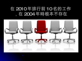 在 2010 年排行前 10 名的工作 ，在 2004 年時根本不存在 
