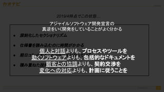 2020/09/19
16
● 深刻化したセクショナリズム
● 仕様書を読み込むのに時間がかかる
● 期日コミットすることがゴールになっている
● 積み重ねた技術負債による鈍化
2019/4時点でこの状態…
© kaonavi Inc.
アジャイルソフトウェア開発宣言の
真逆をいく開発をしていることがよく分かる
個人と対話よりも、プロセスやツールを
動くソフトウェアよりも、包括的なドキュメントを
顧客との協調よりも、契約交渉を
変化への対応よりも、計画に従うことを
 