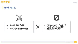 2020/09/19
56
攻守のバランス
● React移行プロジェクト
● Goによる外部公開API開発
● PHP/Laravelバージョンアップ
● FlowからTypeScript移行
● 着実なリファクタリング
© kaonavi Inc.
 