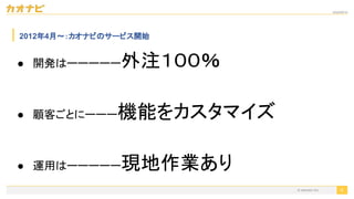 2020/09/19
© kaonavi Inc.
2012年4月〜：カオナビのサービス開始
6
● 開発はーーーーー外注１００％ 
 
● 顧客ごとにーーー機能をカスタマイズ 
 
● 運用はーーーーー現地作業あり 
 