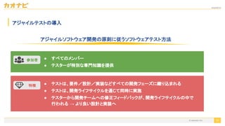 2020/09/19
© kaonavi Inc.
アジャイルテストの導入
70
参加者 ● すべてのメンバー
● テスターが特別な専門知識を提供
● テストは、要件／設計／実装などすべての開発フェーズに織り込まれる
● テストは、開発ライフサイクルを通じて同時に実施
● テスターから開発チームへの修正フィードバックが、開発ライフサイクルの中で
行われる → より良い設計と実装へ
特徴
アジャイルソフトウェア開発の原則に従うソフトウェアテスト方法
 