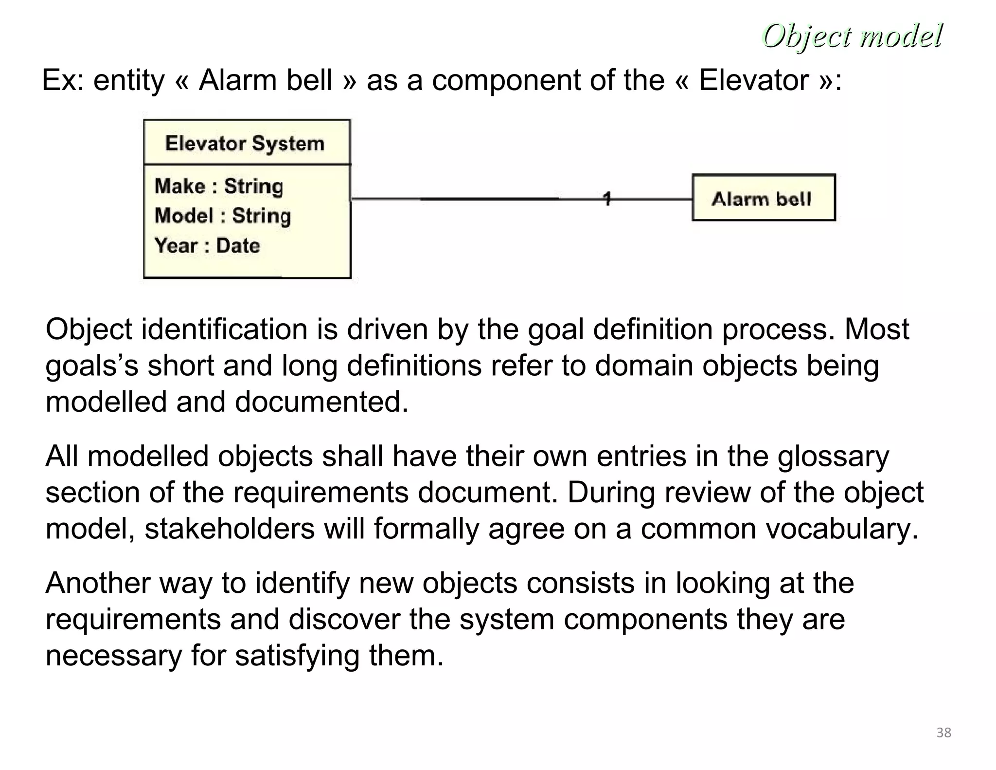 38
Ex: entity « Alarm bell » as a component of the « Elevator »:
Object identification is driven by the goal definition process. Most
goals’s short and long definitions refer to domain objects being
modelled and documented.
All modelled objects shall have their own entries in the glossary
section of the requirements document. During review of the object
model, stakeholders will formally agree on a common vocabulary.
Another way to identify new objects consists in looking at the
requirements and discover the system components they are
necessary for satisfying them.
Object modelObject model
 