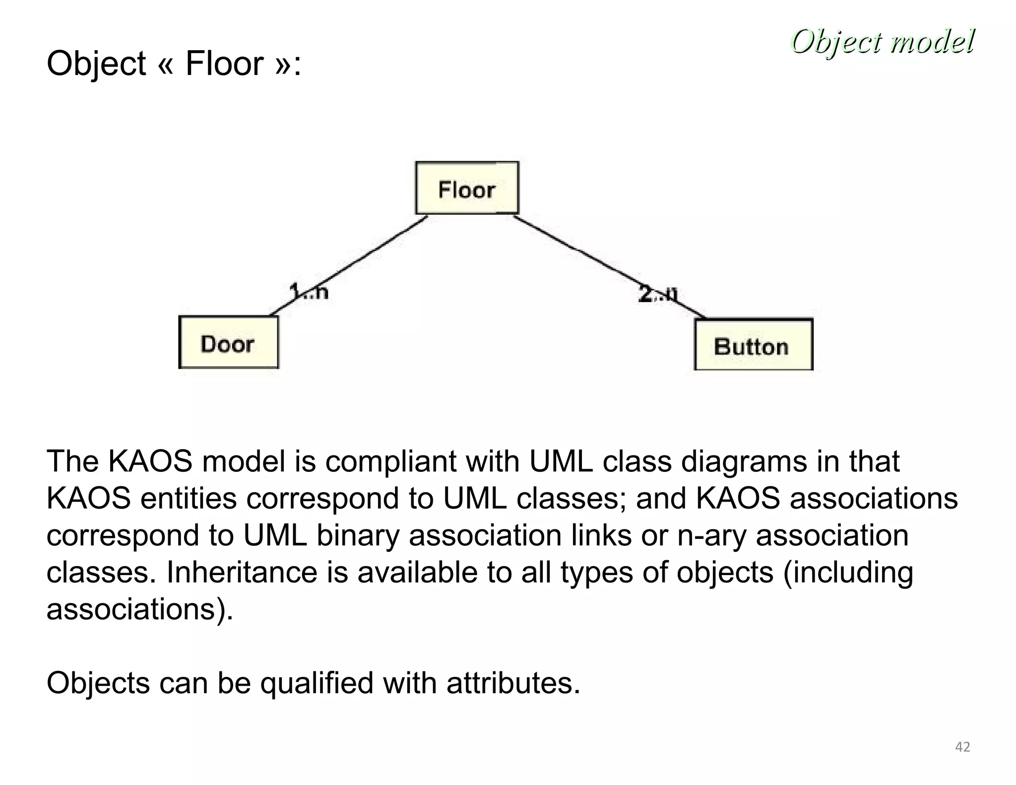 42
Object « Floor »:
Object modelObject model
The KAOS model is compliant with UML class diagrams in that
KAOS entities correspond to UML classes; and KAOS associations
correspond to UML binary association links or n-ary association
classes. Inheritance is available to all types of objects (including
associations).
Objects can be qualified with attributes.
 