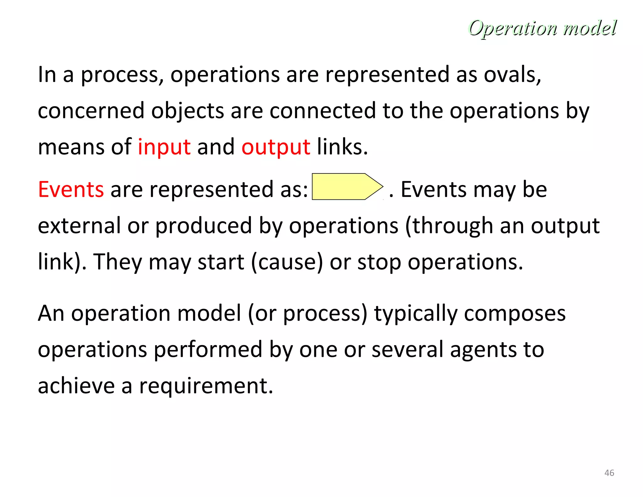 46
In a process, operations are represented as ovals,
concerned objects are connected to the operations by
means of input and output links.
Events are represented as: . Events may be
external or produced by operations (through an output
link). They may start (cause) or stop operations.
An operation model (or process) typically composes
operations performed by one or several agents to
achieve a requirement.
Operation modelOperation model
 