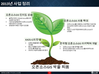 2013년 사업 정리
오픈소스GIS 인지도 상승




솔루션 데이, FOSS4G Korea행사에
100명 이상 참석
기관 및 업체로부터 오픈소스GIS에
대한 문의가 있었음
포럼 참여 희망 기업이 있었음

오픈소스GIS 사용 확대




오픈소스GIS를 사용하는 프로젝트가 많아짐
2014년에 다양한 오픈소스GIS 사업이 나올
예정
국토구 15대 국정과제에 오픈소스GIS가
선정됨

KAOS-G의 탄생




한국형 오픈소스GIS 아키텍쳐 개발

브랜드화를 통한 홍보 효과의
극대화
중소기업들의 낮은 브랜드
인지도를 해결가능
대규모 사업에 공동으로 참여




오픈소스GIS 사용 장벽을 낮춤
한국의 상황에 맞는 오픈소스GIS를 체계적으로
관리 및 보급이 가능

오픈소스GIS 싹을 틔움
전문 중소SW포럼 - 한국오픈소스GIS포럼

34

 