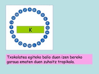 K Txokolatea egiteko balio duen izen bereko garaua ematen duen zuhaitz tropikala. 