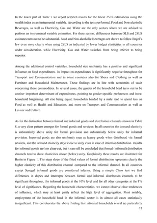 In the lower part of Table 7 we report selected results for the linear 2SLS estimations using the 
wealth index as an instrumental variable. According to the tests performed, Food and Non-alcoholic 
Beverages, as well as Electricity, Gas and Water are the only sectors where we are advised to 
perform an instrumental variable estimation. For these sectors, differences between OLS and 2SLS 
estimates turn out to be substantial. Food and Non-alcoholic Beverages are shown to follow Engel’s 
law even more clearly when using 2SLS as indicated by lower budget elasticities in all countries 
under consideration, while Electricity, Gas and Water switches from being inferior to being 
superior. 
Among the additional control variables, household size uniformly has a positive and significant 
influence on food expenditures. Its impact on expenditures is significantly negative throughout for 
Transport and Communication and in some countries also for Shoes and Clothing as well as 
Furniture and Household Maintenance. These findings are in line with economies of scale 
concerning these commodities. In several cases, the gender of the household head turns out to be 
another important determinant of expenditures, pointing to gender-specific preferences and intra-household 
bargaining. All else being equal, households headed by a male tend to spend less on 
Food as well as Health and Education, and more on Transport and Communication as well as 
Leisure and Culture. 
As for the distinction between formal and informal goods and distribution channels shown in Table 
8, a very clear pattern emerges for formal goods and services: In all countries the demand elasticity 
is substantially above unity for formal provision and substantially below unity for informal 
provision. Imported goods are also uniformly seen as luxury goods when distributed via formal 
retailers, and the demand elasticity stays close to unity even in case of informal distribution. Results 
for informal goods are less clear-cut, but it can still be concluded that formal (informal) distribution 
channels tend to show elasticities above (below) unity. Graphically these results are illustrated for 
Benin in Figure 1. The steep slope of the fitted values of formal distribution represents clearly the 
higher elasticity of this distribution channel compared to the informal channel. In all countries 
except Senegal informal goods are considered inferior. Using a simple Chow test we find 
differences in slopes and intercepts between formal and informal distribution channels to be 
significant throughout, for informal goods at the 10% level and for all other categories at the 1% 
level of significance. Regarding the household characteristics, we cannot observe clear tendencies 
of influence, which may at least partly reflect the high level of aggregation. Most notably, 
employment of the household head in the informal sector is in almost all cases statistically 
insignificant. This corroborates the above finding that informal households reveal no particularly 
12 
 