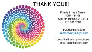 Polaris Insight Center
4257 18th St.
San Francisco, CA 94114
415.800.7083
polarisinsight.com
info@polarisinsight.com
veronika@polarisinsight.com
eric@polarisinsight.com
THANK YOU!!!
 