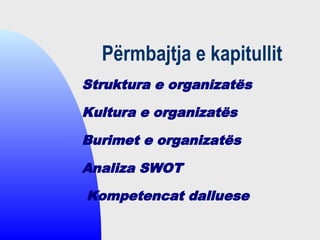 Përmbajtja e kapitullit
Struktura e organizatës
Kultura e organizatës
Burimet e organizatës
Analiza SWOT
Kompetencat dalluese
 
