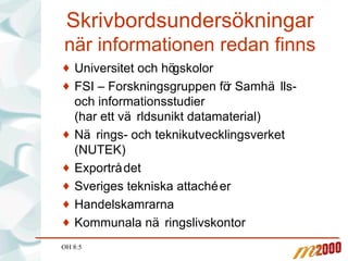 Skrivbordsundersökningar när informationen redan finns Universitet och högskolor FSI – Forskningsgruppen för Samhälls- och informationsstudier (har ett världsunikt datamaterial) Närings- och teknikutvecklingsverket (NUTEK) Exportrådet Sveriges tekniska attachéer Handelskamrarna Kommunala näringslivskontor OH 8:5 