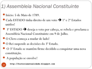 http://historiaeatualidade.blogspot.comhttp://historiaeatualidade.blogspot.com
1) Assembleia Nacional Constituinte
19
Início: 5 de Maio de 1789.
Cada ESTADO tinha direito de um voto  1º e 2º Estados
unidos!
 3º ESTADO  deseja o voto por cabeça, se rebela e proclama a
Assembleia Nacional Constituinte em 9 de Julho.
O Clero começa a mudar de lado!
O Rei suspende as decisões do 3º Estado.
 O 3º Estado se mantêm firme decidido a conquistar uma nova
constituição.
 A população se envolve!
 