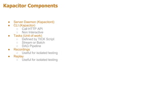 Kapacitor Components
● Server Daemon (Kapacitord)
● CLI (Kapacitor)
○ Call HTTP API
○ Non Interactive
● Tasks (Unit of work)
○ Defined by TICK Script
○ Stream or Batch
○ DAG Pipeline
● Recordings
○ Useful for isolated testing
● Replay
○ Useful for isolated testing
 