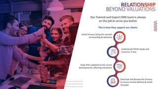 Our Trained and Expert CRM team is always
on the job to serve you better.
This is how they support our clients:
Initial Process Setup for smooth
on-boarding & welcome
Understand YOUR needs and
concerns, if any
Keep YOU updated on the recent
developments affecting valuations
Overlook and Review the Process
to ensure timely delivery & avoid
any gaps
 