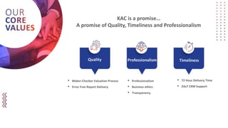 KAC is a promise…
A promise of Quality, Timeliness and Professionalism
Quality TimelinessProfessionalism
• Maker-Checker Valuation Process
• Error Free Report Delivery
• Professionalism
• Business ethics
• Transparency
• 72 Hour Delivery Time
• 24x7 CRM Support
 