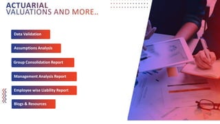 Data Validation
Assumptions Analysis
Group Consolidation Report
Management Analysis Report
Blogs & Resources
Employee wise Liability Report
 
