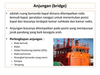 Anjungan (bridge)
• adalah ruang komando kapal dimana ditempatkan roda
kemudi kapal, peralatan navigasi untuk menentukan posisi
kapal dan biasanya terdapat kamar nahkoda dan kamar radio.
• Anjungan biasanya ditempatkan pada posisi yang mempunyai
jarak pandang yang baik kesegala arah.
• Perlengkapan anjungan. :
– Roda kemudi,
– Radar
– Global Positioning Satelite (GPS),
– Radio komuniasi
– Perangkat komando ruang mesin
– Kompas
– Teropong
 