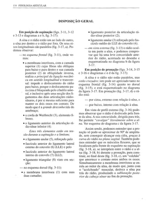114 FISIOLOGIA ARTICULAR




                                       DISPOSIÇÃO GERAL


     Em posição de supinação (figs. 3-11, 3-12                  • ligamento posterior da articulação rá-
e 3-13 e diagramas a e b, figo3-17):                              dio-ulnar posterior (2);
     A ulna e o rádio estão um ao lado do outro,                • ligamento anular (3) reforçado pelo fas-
a ulna por dentro e o rádio por fora. Os seus ei-                 cículo médio do LLE do cotovelo (4);
xos longitudinais são paralelos (fig. 3-17, a). Po-        - em vista externa (fig. 3-13) o rádio ocul-
demos observar:
                                                             ta em parte a ulna, e podemos compro-
     - no esquema frontal (fig. 3-11), onde ve-              var que há uma leve concavidade ante-
       mos:                                                  rior do rádio, acentuada no desenho e
          • a membrana interóssea, com a camada              esquematizada no diagrama b da figura
                                                             3-17.
            superior (1) cujas fibras são oblíquas
            para baixo e para dentro e sua camada           Em posição de pronação (figs. 3-14, 3-15
            posterior (2) de obliqüidade inversa,      e 3-16 e diagramas c e d da figo3-17):
            realiza o principal da ligação mecâni-           A ulna e o rádio não estão paralelos, mas
            ca em sentido longitudinal e transver-     estão cruzados: isto pode ser apreciado tanto no
            sal: impede o deslocamento do rádio        esquema frontal (fig. 3-14) quanto no dorsal
            para baixo, porque o deslocamento pa-      (fig. 3-15), e está esquematizado no diagrama
            ra cima é bloqueado pelo côndilo ume-      da figura 3-17. Em pronação (fig. 3-17, d) o rá-
            ral, e inclusive após uma secção dos li-   dio está:
            gamentos das duas articulações rádio-
            ulnares, é por si mesma suficiente para        -    por cima, externo com relação à ulna, e
            manter os dois ossos em contato. De
                                                            -   por baixo, interno com relação à ulna.
            modo que é a grande desconhecida do
            antebraço;                                      Em vista de perfil externo (fig. 3-16) pode-
                                                       mos observar que o rádio é deslocado pela fren-
          • a corda de Weitbrecht (3), elemento fi-
                                                       te da ulna. A sua concavidade, dirigida para trás,
            broso;
                                                       lhe permite "cavalgar" literalmente sobre a ul-
          • o ligamento anterior da articulação rá-    na. Ver esquema do diagrama c da figura 3-17.
            dio-ulnar inferior (4).
                                                             Assim sendo, podemos entender que a pro-
                Estes três elementos estão em ten-
                                                       nação só pode~se aproximar de 90° de amplitu-
          são durante a supinação e a limitam;         de, sem conseguir alcançar esta cifra, graças à
          • o ligamento anular (5), reforçado pelo     curva do rádio no plano sagital. Também pode-
          • fascículo anterior do ligamento lateral    mos entender que os músculos flexores, que se
            externo do cotovelo (6) (LLE) e pelo       localizam pela frente do esqueleto na supinação
                                                       (fig. 3-18, a), se interpõem entre o rádio e a ul-
          • fascículo anterior do ligamento lateral    na (fig. 3-18, b) durante a pronação, para cons-
            interno do cotovelo (7) (LLI);             tituir, ao final desta (fig. 3-18, c), um "colchão"
          • ligamento triangular (8) visto em sec-     que amortece o contato entre ambos os ossos.
            ção;                                       Simultaneamente a membrana interóssea se en-
                                                       rola ao redor da ulna, de modo que, junto com
     -     no esquema dorsal (fig. 3-11):
                                                       o "acolchoado" muscular, desloca a ulna por
         • a membrana interóssea (1) com suas          trás do rádio, produzindo a subluxação poste-
           duas camadas;                               rior da cabeça ulnar no fim da pronação.
 