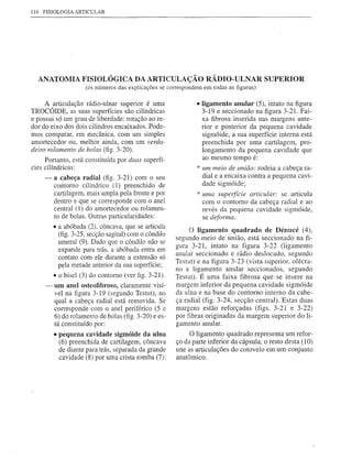 116 FISIOLOGIA ARTICULAR




  ANATOMIA FISIOLÓGICA DA ARTICULAÇÃO RÁDIO-ULNAR SUPERIOR
                     (os números das explicações se correspondem em todas as figuras)

     A ,articulação rádio-ulnar superior é uma                • ligamento anular (5), intato na figura
TROCOIDE, as suas superfícies são cilíndricas                   3-19 e seccionado na figura 3-21. Fai-
e possui só um grau de liberdade: rotação ao re-                xa fibrosa inserida nas margens ante-
dor do eixo dos dois cilindros encaixados. Pode-                rior e posterior da pequena cavidade
mos comparar, em mecânica, com um simples                       sigmóide, a sua superfície interna está
amortecedor ou, melhor ainda, com um verda-                     preenchida por uma cartilagem, pro-
deiro rolamento de bolas (fig. 3-20).                           longamento da pequena cavidade que
     Portanto, está constituída por duas superfí-               ao mesmo tempo é:
cies cilíndricas:                                              * um meio de união: rodeia a cabeça ra-
    -    a cabeça radial (fig. 3-21) com o seu                   dial e a encaixa contra a pequena cavi-
         contorno cilíndrico (1) preenchido de                   dade sigmóide;
         cartilagem, mais ampla pela frente e por              * uma superfície articular: se articula
         dentro e que se corresponde com o anel                  com o contorno da cabeça radial e ao
         central (1) do amortecedor ou rolamen-                  revés da pequena cavidade sigmóide,
         to de bolas. Outras particularidades:                   se deforma.
         • a abóbada (2), côncava, que se articula
                                                            O ligamento quadrado de Dénucé (4),
           (fig. 3-25, secção sagital) com o côndilo
                                                       segundo meio de união, está seccionado na fi-
           umeral (9). Dado que o côndilo não se
                                                       gura 3-21, intato na figura 3-22 (ligamento
           expande para trás, a abóbada entra em
           contato com ele durante a extensão só       anular seccionado e rádio deslocado, segundo
                                                       Testut) e na figura 3-23 (vista superior, olécra-
           pela metade anterior da sua superfície;
                                                       no e ligamento anular seccionados, segundo
         • o biseI (3) do contorno (ver figo3-21).     Testut). É uma faixa fibrosa que se insere na
     -   um anel osteofibroso, claramente visí-        margem inferior da pequena cavidade sigmóide
         vel na figura 3-19 (segundo Testut), no       da ulna e na base do contorno interno da cabe-
         qual a cabeça radial está removida. Se        ça radial (fig. 3-24, secção central). Estas duas
         corresponde com o anel periférico (5 e        margens estão reforçadas (figs. 3-21 e 3-22)
         6) do rolamento de bolas (fig. 3-20) e es-    por fibras originadas da margem superior do li-
         tá constituído por:                           gamento anular.
         • pequena cavidade sigmóide da ulna                O ligamento quadrado representa um refor-
           (6) preenchida de cartilagem, côncava       ço da parte inferior da cápsula; o resto desta (10)
           de diante para trás, separada da grande     une as articulações do cotovelo em um conjunto
           cavidade (8) por uma crista romba (7):      anatômico.
 
