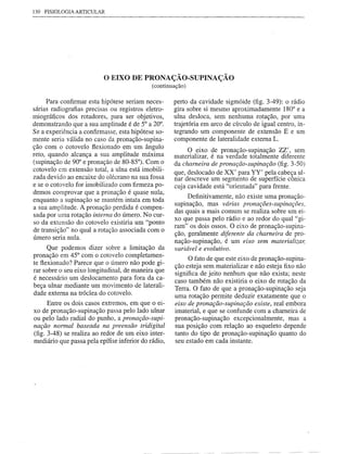 130 FISIOLOGIA ARTICULAR




                          o EIXO DE PRONAÇÃO-SUPINAÇÃO
                                             (continuação)

     Para confirmar esta hipótese seriam neces-      perto da cavidade sigmóide (fig. 3-49): o rádio
sárias radiografias precisas ou registros eletro-    gira sobre si mesmo aproximadamente 180° e a
miográficos dos rotadores, para ser objetivos,       ulna desloca, sem nenhuma rotação, por uma
demonstrando que a sua amplitude é de 5° a 20°.      trajetória em arco de círculo de igual centro, in-
Se a experiência a confirmasse, esta hipótese so-    tegrando um componente de extensão E e um
mente seria válida no caso da pronação-supina-       componente de lateralidade externa L.
ção com o cotovelo flexionado em um ângulo
                                                           O eixo de pronação-supinação ZZ', sem
reto, quando alcança a sua amplitude máxima           materializar, é na verdade totalmente diferente
(supinação de 90° e pronação de 80-85°). Com o        da charneira de pronação-supinação (fig. 3-50)
cotovelo em extensão total, a ulna está imobili-
                                                      que, deslocado de XX' para YY' pela cabeça ul-
zada devido ao encaixe do olécrano na sua fossa       nar descreve um segmento de superfície cônica
e se o cotovelo for imobilizado com firmeza po-       cuja cavidade está "orientada" para frente.
demos comprovar que a pronação é quase nula,
                                                           Definitivamente, não existe uma pronação-
enquanto a supinação se mantém intata em toda
                                                      supinação, mas várias pronações-supinações,
a sua amplitude. A pronação perdida é compen-
                                                      das quais a mais comum se realiza sobre um ei-
sada por uma rotação interna do úmero. No cur-
                                                      xo que passa pelo rádio e ao redor do qual "gi-
so da extensão do cotovelo existiria um "ponto
                                                      ram" os dois ossos. O eixo de pronação-supina-
de transição" no qual a rotação associada com o
úmero seria nula.                                     ção, geralmente diferente da charneira de pro-
                                                      nação-supinação, é um eixo sem materializar,
      Que podemos dizer sobre a limitação da          variável e evolutivo.
pronação em 45° com o cotovelo completamen-
                                                           O fato de que este eixo de pronação-supina-
te tlexionado? Parece que o úmero não pode gi-
                                                      ção esteja sem materializar e não esteja fixo não
rar sobre o seu eixo longitudinal, de maneira que
                                                      significa de jeito nenhum que não exista; neste
é necessário um deslocamento para fora da ca-         caso também não existiria o eixo de rotação da
beça ulnar mediante um movimento de laterali-         Terra. O fato de que a pronação-supinação seja
dade externa na tróc1ea do cotovelo.
                                                      uma rotação permite deduzir exatamente que o
      Entre os dois casos extremos, em que o ei-      eixo de pronação-supinação existe, real embora
xo de pronação-supinação passa pelo lado ulnar        imaterial, e que se confunde com a chameira de
ou pelo lado radial do punho, a pronação-supi-        pronação-supinação excepcionalmente, mas a
nação normal baseada na preensão tridigital           sua posição com relação ao esqueleto depende
(fig. 3-48) se realiza ao redor de um eixo inter-     tanto do tipo de pronação~supinação quanto do
mediário que passa pela epífise inferior do rádio,    seu estado em cada instante.
 