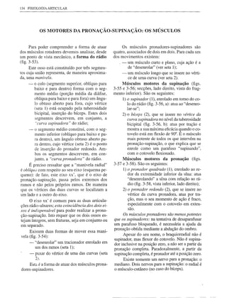 134 FISIOLOGIA ARTICULAR




              OS MOTORES DA PRONAÇÃO-SUPINAÇÃO:                         OS MÚSCULOS


      Para poder compreender a forma de atuar             Os músculos pronadores-supinadores       são
dos músculos rotadores devemos analisar, desde       quatro, associados de dois em dois. Para cada um
um ponto de vista mecânico, a forma do rádio         dos movimentos existem:
(fig. 3-53).                                            ,-    um músculo curto e plano, cuja ação é a
     Este osso está constituído por três segmen-              de "desenrolar" (ver seta 1);
tos cuja união representa, de maneira aproxima-           -   um músculo longo que se insere no vérti-
da, uma manivela.                                             ce de uma curva (ver seta 2).
    -   o colo (segmento superior, oblíquo para           Músculos motores da supinação (figs.
        baixo e para dentro) forma com o seg-        3-55 e 3-56; secções, lado direito, vista do frag-
        mento médio (porção média da diáfise,        mento inferior). São os seguintes:
        oblíqua para baixo e para fora) um ângu-          1) o supinador (1), enrolado em tomo do co-
        lo obtuso aberto para fora, cujo vértice             lo do rádio (fig. 3-56, a): atua ao "desenro-
        (seta 1) está ocupado pela tuberosidade              lar-se";
        bicipital, inserção do bíceps. Estes dois         2) o bíceps (2), que se insere no vértice da
        segmentos descrevem, em conjunto, a                  curva supinadora no nível da tuberosidade
         "curva supinadora" do rádio;                        bicipital (fig. 3-56, b): atua por tração e
    -   o segmento médio constitui, com o seg-               mostra a sua máxima eficácia quando o co-
        mento inferior (oblíquo para baixo e pa-             tovelo está em ftexão de 900• E o músculo
        ra dentro), um ângulo obtuso aberto pa-              mais potente de todos os que intervêm na
        ra dentro, cujo vértice (seta 2) é o ponto           pronação-supinação,    o que explica que se
        de inserção do pronador redondo. Am-                 enrole como um parafuso "supinando",
        bos os segmentos descrevem, em con-                  com o cotovelo ftexionado.
        junto, a "curva pronadora" do rádio.              Músculos motores da pronação (figs.
     É preciso ressaltar que a "manivela radial"     3-57 e 3-58). São os seguintes:
é oblíqua com respeito ao seu eixo (esquema pe-           1) o pronador quadrado (1), enrolado ao re-
queno): de fato, este eixo xx', que é o eixo de              dor da extremidade inferior da ulna: atua
pronação-supinação,    passa pelos extremos dos              "desenrolando" a ulna com relação ao rá-
ramos e não pelos próprios ramos. De maneira                 dio (fig. 3-58, vista inferior, lado direito);
que os vértices das duas curvas se localizam a            2) o pronador redondo (2), que se insere no
um lado e a outro do eixo.                                   vértice da curva pronadora, atua por tra-
     O eixo xx' é comum para as duas articula-               ção, mas o seu momento de ação é fraco,
ções rádio-ulnares; esta coincidência dos dois ei-           especialmente com o cotovelo em exten-
                                                             são.
xos é indispensável para poder realizar a prona-
ção-supinação. Isto requer que os dois ossos es-          Os músculos pronadores são menos potentes
tejam íntegros, sem fraturas, seja em conjunto ou    que os supinadores: na tentativa de desaparafusar
em separado.                                         um parafuso bloqueado, é necessária a ajuda da
     Existem duas formas de mover essa mani-         pronação obtida mediante a abdução do ombro.
                                                          Apesar do seu nome, o braquiorradial não é
vela (fig. 3-54):
                                                     supinador, mas ftexor do cotovelo. Não é supina-
     - "desenrolar" um tracionador enrolado em
                                                     dor inclusive na posição zero, a não ser a partir da
         um dos ramos (seta 1);
                                                     pronação completa. Paradoxalmente, a partir da
     ~ puxar do vértice de uma das curvas (seta      supinação completa, é pronador até a posição zero.
        2).                                               Existe somente um nervo para a pronação: o
     Esta é a forma de atuar dos músculos prona-     mediano. Dois nervos para a supinação: o radial é
dores-supinadores.                                   o músculo-cutâneo (no caso do bíceps).
 