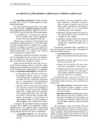 150 FISIOLOGIA ARTICULAR




         AS ARTICULAÇÕES RÁDIO-CARPEANAS E MÉDIO-CARPEANAS


      As superfícies articulares da rádio-carpeana                 • escafóide, com: duas superfícies articu-
são (figs. 4-14 e 4-15): o côndilo carpeano e a gle-                 lares inferiores, levemente convexas,
nóide antebraquial.                                                  uma (1) para o trapézio, outra (2), por
      Na vista anterior do carpo (fig. 4-15), pode-                  dentro, para o trapezóide; uma superfície
mos observar como o côndilo carpeano é formado                       articular interna (3), de concavidade
pela justaposição da superfície superior dos três os-                acentuada, para o osso capitato;
sos da fileira superior que são, de fora para dentro:              • superfície articular inferior do semillllzar
       -- o escafóide (1), o semilunar (2), o pirami-                (4), côncava abaixo, que se articula com
          dal (3), unidos entre si pelos ligamentos                  a cabeça do osso capitato;
           escafo-Iunar (el) e piramido-Iunar (pl).                • superfície articular inferior do piramidal
      Observar que o pisiforme (4) não participa da                  (5), côncava abaixo e para fora, que se
formação do côndilo carpeano, e com mais razão                       articula com a superfície superior do os-
os ossos da fileira inferior, o trapézio (5), o trape-               so hamato.
zóide (6), o capitato ou grande (7) e o hamato ou                 O pisiforme, articulado sobre a superfície an-
ganchoso (8), unidos entre si pelos três ligamentos        terior do piramidal, não participa na formação da
trapézio-trapezóideo       (tt), trapézio-osso capitato    interlinha médio-carpeana.
(toc) e hamato-osso capitato (hoc).
                                                                  - a superfície inferior, em vista póstero-su-
      A superfície superior do escafóide, do semilu-                 perior. Está constituída de fora para dentro
nar e do piramidal tem uma camada de cartilagem,                     por:
igual aos ligamentos que unem estes três ossos en-
                                                                     • superfície articular superior do trapé:.:io
tre si, formando uma superfície contínua.
                                                                       (6) e do trapezóide (7);
      Numa vista da articulação aberta (fig. 4-14, se-
                                                                     • cabeça do osso capitato (8), que se arti-
gundo Testut), podemos observar, além do côndilo
                                                                       cula com o escafóide e o osso capitato;
carpeano com as superfícies articulares do escafóide
(1), do semilunar (2) e do piramidal (3), a superfície               • superfície superior do osso hamato (9), sua
côncava da glenóide antebraquial constituída por:                      maior parte se articula com o piramidaL e
                                                                       uma pequena superfície articular (I O) que
       - porção inferior do rádio (9), por fora, cu-                   entra em contato com o semilunar.
          ja superfície inferior, côncava e coberta
          com cartilagem fica dividida por uma cris-            Considerando que cada uma das fileiras do
          ta romba em duas superfícies articulares         carpo formam um bloco, podemos comprovar que
          que se correspondem aproximadamente              a interlinha médio-carpeana está constituída por
          com o escafóide (10) e o semilunar (11);         duas partes:
       - superfície inferior do ligamento triangular             - uma parte externa, formada por superfí-
           (12), côncavo e coberto com cartilagem, o                 cies articulares planas (trapézio e trape-
           seu vértice se insere no processo estilóide               zóide sobre a base do escafóide), articula-
           ulnar (13); a cabeça ulnar (14) o ultrapas-               ção tipo artródia;
           sa levemente pela frente e por trás; algu-            - uma parte interna, constituída pela super-
           mas vezes, a sua base não se insere total-                fície convexa, em todos os sentidos, da ca-
           mente, provocando o aparecimento de                       beça do osso capitato e do osso hamato, que
           uma pequena fenda (15) que comunica a                     se encaixa na superfície côncava dos três
           rádio-carpeana com a rádio-ulnar inferior.                ossos da fileira superior: é uma articulação
       A cápsula (16), desenhada intata na sua parte                 condilar.
 posterior, une o côndilo com a glenóide. A médio-               Os movimentos numa articulação deste tipo
 carpeana (fig. 4-16, segundo Testut: representada         estão condicionados pela maior ou menor elastici-
,aberta por sua superfície posterior), situada entre       dade dos ligamentos que permite um determinado
 as duas fileiras do ossos do carpo, compreende:           'jogo" mecânico. São os movimentos de flexão-ex-
        - a superfície superior, em vista póstero-         tensão, de desvio lateral e de rotação em tomo do
            inferior. Está constituída de fora para den-   eixo longitudinal. Mais adiante poderemos estudá-
            tro por:                                       los mais detalhadamente.
 