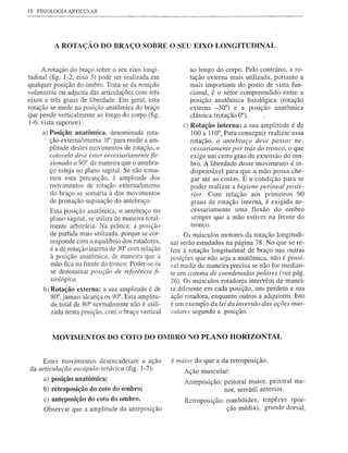 18 FISIOLOGIA ARTICULAR




          A ROTAÇÃO DO BRAÇO SOBRE O SEU EIXO LONGITUDINAL


      A rotação do braço sobre o seu eixo longi-         ao longo do corpo. Pelo contrário, a ro-
tudinal (fig. 1-2, eixo 3) pode ser realizada em         tação externa mais utilizada, portanto a
qualquer posição do ombro. Trata-se da rotação           mais importante do ponto de vista fun-
voluntária ou adjunta das articulações com três          cional, é o setor compreendido entre a
eixos e três graus de liberdade. Em geral, esta          posição anatõmica fisiológica (rotação
rotação se mede na posição anatõmica do braço            externa -30°) e a posição anatõmica
que pende verticalmente ao longo do corpo (fig.          clássica (rotação 0°).
 1-6, vista superior).                                 c) Rotação interna: a sua amplitude é de
     a) Posição anatômica, denominada rota-               100 a 110°, Para conseguir realizar essa
        ção externa/interna 0°: para medir a am-          rotação, o antebraço deve passar ne-
        plitude destes movimentos de rotação, o           cessariamente.por trás do tronco, o que
        cotovelo deve estar necessariamente jle-          exige um certo grau de extensão do om-
        xionado a 90° de maneira que o antebra-           bro. A liberdade deste movimento é in-
        ço esteja no plano sagital. Se não toma-          dispensável para que a mão possa che-
        mos esta precaução, à amplitude dos               gar até as costas. É a condição para se
        movimentos de rotação externa/interna             poder realizar a higiene perineal poste-
        do braço se somaria à dos movimentos              rior. Com relação aos primeiros 90
        de pronação-supinação do antebraço.               graus de rotação interna, é exigida ne-
        Esta posição anatõmica, o antebraço no            cessariamente uma flexão do ombro
        plano sagital, se utiliza de maneira total-       sempre que a mão estiver na frente do
        mente arbitrária. Na prática, a posição           tronco.
        de partida mais utilizada, porque se cor- .      Os músculos motores da rotação longitudi-
        responde com o equilíbrio dos rotadores,    nal serão estudados na página 78. No que se re-
        é a de rotação interna de 30° com relação   fere à rotação longitudinal de braço nas outras
        à posição anatõmica, de maneira que a       posições que não seja a anatõmica, não é possí-
        mão fica na frente do tronco. Poder-se-ia   vel medir de maneira precisa se não for median-
        se denominar posição de referência fi-      te um sistema de coordenadas polares (ver pág.
        siológica.                                  26). Os músculos rotadores intervêm de manei-
     b) Rotação externa: a sua amplitude é de       ra diferente em cada posição, uns perdem a sua
        80°, jamais alcança os 90°. Esta amplitu-   ação rotadora, enquanto outros a adquirem. Isto
        de total de 80° normalmente não é utili-    é um exemplo da lei da inversão das ações mus-
        zada nesta posição, com o braço vertical    culares segundo a posição.


          MOVIMENTOS DO COTO DO OMBRO NO PLANO HORIZONTAL


    Estes movimentos desencadeiam a ação           é maior do que a da retroposição.
da articulação escápulo-torácica (fig. 1-7):           Ação muscular:
     a)   posição anatômica;                           Anteposição: peitoral maior, peitoral me-
     b) retroposição do coto do ombro;                              nor, serrátil anterior.
     c) anteposição do coto do ombro.                  Retroposição: rombóides, trapézio (por-
     Observar que a amplitude da anteposição                         ção média), grande dorsal.
 