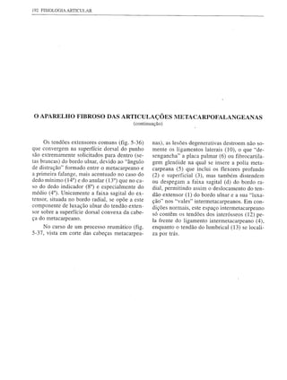 ] 92 FISIOLOGIA ARTICULAR




o APARELHO         FIBROSO DAS ARTICULAÇÕES METACARPOFALANGEANAS
                                          (continuação)


     Os tendões extensores comuns (fig. 5-36)     nas), as lesões degenerativas destroem não so-
que convergem na superfície dorsal do punho       mente os ligamentos laterais (10), o que "de-
são extremamente solicitados para dentro (se-     sengancha" a placa palmar (6) ou fibrocartila-
tas brancas) do bordo ulnar, devido ao "ângulo    gem glenóide na qual se insere a polia meta-
de distração" formado entre o metacarpeano e      carpeana (5) que inclui os flexores profundo
a primeira falange, mais acentuado no caso do     (2) e superficial (3), mas também distendem
dedo mínimo (14°) e do anular (13°) que no ca-    ou despegam a faixa sagital (d) do bordo ra-
so do dedo indicador (8°) e especialmente do      dial, permitindo assim o deslocamento do ten-
médio (4°). Unicamente a faixa sagital do ex-     dão extensor (1) do bordo ulnar e a sua "luxa-
tensor, situada no bordo radial, se opõe a este   ção" nos "vales" intermetacarpeanos. Em con-
componente de luxação ulnar do tendão exten-      dições normais, este espaço intermetacarpeano
sor sobre a superfície dorsal convexa da cabe-    só contêm os tendões dos interósseos (12) pe-
ça do metacarpeano.                               la frente do ligamento intermetacarpeano (4),
     No curso de um processo reumático (fig.      enquanto o tendão do lumbrical (13) se locali-
5-37, vista em corte das cabeças metacarpea-      za por trás.
 