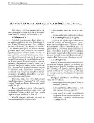 32    FISIOLOGIA ARTICULAR




     AS SUPERFÍCIES ARTICULARES DA ARTICULAÇÃO ESCÂPULO-UMERAL


       Superfícies   esféricas,características de         - tuberosidade     menor ou troquino,    ante-
uma enartrose e, portanto, articulação de três ei-        rior,                          I

xos e com três graus de liberdade (fig. 1-18).            -   tuberosidade   maior ou troquino, externa.
       a)   Cabeça umeral                                 b) A cavidad'e glenóide da escápula
     Orientada para cima, para dentro e trás, po-          Localizada no ângulo superior-externo do
de ser comparada com um terço de esfera de 30        corpo da escápula, se orienta para fora, para a
mm de raio. Na verdade, esta esfera está longe       frente e levemente para cima. É côncava em am-
de ser regular devido a seu diâmetro vertical ser    bos os sentidos (vertical e transversal), mas a sua
3 a 4 mm maior do que o seu diâmetro ântero-         concavidade é irregular e menos acentuada do
posterior. Além disso, num corte vértico- frontal    que a convexidade da cabeça. Está rodeada pela
(quadro) podemos comprovar que o seu raio de         proeminente margem glenóide, interrompida pela
curva diminui levemente de cima para baixo e         incisura glenóide na sua parte ântero-superior. A
que não existe um único centro da curva, mas         sua superfície é menor que a da cabeça umeral.
uma série de centros de curva alinhados ao lon-
                                                          c) O lábio glenóide
go de uma espiral. Portanto, quando a parte su-
                                                           Trata-se de um anel fibrocartilaginoso lo-
perior da cabeça umeralentra em contato com a
                                                     calizado na margem glenóide, de maneira que
glenóide, a região de apoio é maior e a articula-
                                                     ocupa a incisura glenóide e aumenta ligeiramen-
ção é mais estável, quanto mais tensos estejam
                                                     te a superfície da glenóide, embora, principal-
os fascículos médio e inferior do ligamento gle-
                                                     mente, acentua a sua concavidade restabelecen-
noumeral. Esta posição de abdução de 90° co-
                                                     do a congruência (coincidência) das superfícies
rresponde à posição de bloqueio ou close-pac-        articulares.
ked position de Mac Conaill.
                                                          Triangular, quando está seccionado,       apre-
       O seu eixo forma com o eixo diafisário um
                                                     senta três superfícies:
ângulo denominado "inclinação" de 135° e, com
o plano frontal, um ângulo denominado "decli-             -   uma superfície interna que se insere no
nação" de 30°.                                                contorno glenóide;

      Está separada do resto da epífise superior          -   uma superfície periférica onde se inse-
do úmero pelo colo anatômico, cujo plano está                 rem algumas fibras da cápsula;
inclinado 45° com relação à horizontal (ângulo
                                                          -   uma superfície central (ou axial) cuja
suplementar do ângulo de inclinação).                         cartilagem é um prolongamento da gle-
      Contém duas proeminências nas quais se                  nóide óssea e que entra em contato com
inserem os músculos periarticulares:                          a cabeça umeral.
 