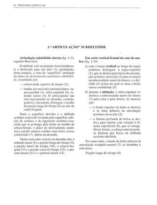 46   FISIOLOGIA ARTICULAR




                             A "ARTICULAÇÃO"           SUBDELTÓIDE


      Articulação subdeltóide aberta (fig. 1-33,           Em corte vertical-frontal do coto do om-
segundo Rouviere)                                     bro (fig. 1-34)   ,
     O deltóide está seccionado horizontalmen-             a) com o braço vertical ao longo do corpo
te e deslocado para um lado (1), permitindo,~                 podemos     distinguir:  o supra-espinhal
desta maneira, a vista da "superfície" profunda               (1), que se desliza para baixo da articula-
do plano de deslizamento anatômico subdeltói-                 ção acrômio-clavicular    (2) para se inserir
de, constituído por:                                          na tuberosidade maior do úmero, e o del-
      -   extremidade   superior do úmero (2);                tóide (4) acima do qual se situa a bolsa
                                                              serosa suldeltóide (5).
      -   bainha dos músculos periarticulares: su-
          pra-espinhal (3), infra-espinhal (4), re-        b) durante   a abdução: o infra-espinhal (1)
          dondo menor (5). O subescapular não                 desloca   a tuberosidade maior do úmero
          está representado no desenho, contudo,              (3) para cima e para dentro, de maneira
          podemos claramente distinguir o tendão              que:
          da porção longa do bíceps (6) ao sair do            -   o fundo superior da bolsa se desloca
          canal bicipital.                                        e se situa debaixo da articulação
     Entre a superfície descrita e a abóbada                      acrômio-clavicular (2),
acrômio-coracóide formada pela superfície infe-
                                                              -   a lâmina profunda da bolsa se des-
rior do acrômio e do ligamento acrômio-cora-
                                                                  loca para dentro com relação à lâ-
cóide que se prolonga pela frente ao tendão do
                                                                  mina superficial (6), que se enruga.
córaco-bíceps, o plano de deslizamento anatô-
                                                                  Desta forma, a cabeça umeral pode-
mico celular adiposo contém uma bolsa se rosa
                                                                  se deslizar por baixo da abóbada
subdeltóide (7), aberta no desenho.
                                                                  acrômio-deltóide.
      Outros músculos visíveis no desenho são: o
                                                            Por outro lado, o fundo da bolsa inferior da
redondo maior (8), a porção longa do tríceps (9),
                                                      articulação escápulo-umeral    (7) se desdobra e
a porção lateral do tríceps (10), o córaco-bra-
                                                      está tenso.
quial (11), a porção curta do bíceps (12), o pei-
toral menor (13) e o peitoral maior (14).                  Porção longa do tríceps (8).
 