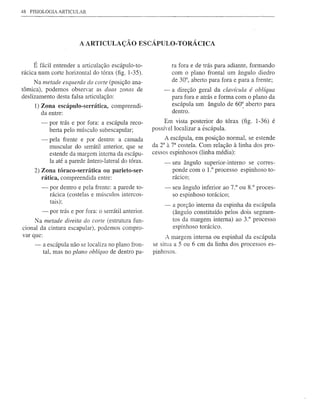 48   FISIOLOGIA ARTICULAR




                           A ARTICULAÇÃO             ESCÁPULO- TORÁCICA


      É fácil entender a articulação escápulo-to-                 ra fora e de trás para adiante, formando
rácica num corte horizontal do tórax (fig. 1-35).                 com o plano frontal um ângulo diedro
      Na metade esquerda do corte (posição ana-                   de 30°, aberto para fora e para a frente;
tômica), podemos observar as duas zonas de                    -   a direção geral da clavícula é oblíqua
deslizamento desta falsa articulação:                             para fora e atrás e forma com o plano da
      1) Zona escápulo-serrática, compreendi-                     escápula um ângulo de 60° aberto para
         da entre:                                                dentro.                      I


          -   por trás e por fora: a escápula reco-            Em vista posterior do tórax (fig. 1-36) é
              berta pelo músculo subescapular;            possível localizar a éscápula.

          -   pela frente e por dentro: a camada               A escápula, em posição normal, se estende
              muscular do serrátil anterior, que se       da 2a à 7a costela. Com relação à linha dos pro-
              estende da margem interna da escápu-        cessos espinhosos (linha média):
              Ia até a parede ântero-Iateral do tórax.        -   seu ângulo superior-interno  se corres-
      2) Zona tóraco-serrática ou parieto-ser-                    ponde com o 1.° processo espinhoso to-
         rática, compreendida entre:                              rácico;
          -   por dentro e pela frente: a parede to-          -   seu ângulo inferior ao 7.° ou 8.° proces-
              rácica (costelas e músculos intercos-               so espinhoso torácico;
              tais);
                                                              -   a porção interna da espinha da escápula
          -   por trás e por fora: o serrátil anterior.           (ângulo constituído pelos dois segmen-
     N a metade direita do corte (estrutura fun-                  tos da margem interna) ao 3.° processo
cional da cintura escapular), podemos compro-                     espinhoso torácico.
var que:                                                        A margem interna ou espinhal da escápula
      -   a escápula não se localiza no plano fron-       se situa a 5 ou 6 cm da linha dos processos es-
          tal, mas no plano oblíquo de dentro pa-         pinhosos.
 
