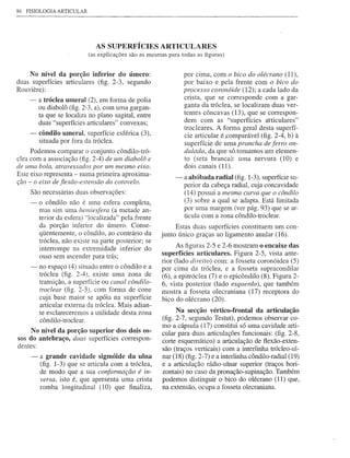 86 FISIOLOGIA ARTICULAR




                              AS SUPERFÍCIES ARTICULARES
                           (as explicações são as mesmas para todas as figuras)


    No nível da porção inferior do úmero:                       por cima, com o bico do olécrano (11),
duas superfícies articulares (figo 2-3, segundo                 por baixo e pela frente com o bico do
Rouviere):                                                      processo coronóide (12); a cada lado da
    - a tróclea umeral (2), em forma de polia                   crista,. que se corresponde com a gar-
      ou diabolô (fig. 2-3, a), com urna gargan-                ganta da tróclea, se localizam duas ver-
      ta que se localiza no plano sagital, entre                tentes côncavas (13), que se correspon-
      duas "superfícies articulares" convexas;                  dem com as "superfícies articulares"
                                                                trocIeares. A forma geral desta superfí-
    -    côndilo umeral, superfície esférica (3),               cie articular é_,comparáve1(fig. 2-4, b) à
         situada por fora da tróclea.                           superfície de urna prancha de ferro on-
     Podemos comparar o conjunto côndilo-tró-                   dulada, da que só.tomamos um elemen-
elea com a associação (figo2-4) de um diabolô e                 to (seta branca): uma nervura (10) e
de wna bola, atravessados por um mesmo eixo.                    dois canais (11).
Este eixo representa - numa primeira aproxima-              -   a abóbada radial (fig. 1-3), superfície su-
ção - o eixo de flexão-extensão do cotovelo.                    perior da cabeça radial, cuja concavidade
    São necessárias duas observações:                           (14) possui a mesma curva que o côndilo
    -    o côndilo não é uma esfera completa,                   (3) sobre a qual se adapta. Está limitada
         mas sim uma hellliesfera (a metade an-                 por uma margem (ver pág. 93) que se ar-
                                                                ticula com a zona côndilo-troclear.
         terior da esfera) "localizada" pela frente
         da porção inferior do úmero. Conse-               Estas duas superfícies constituem um con-
         qÜentemente, o côndilo, ao contrário da      junto único graças ao ligamento anular (16).
         tróclea, não existe na parte posterior; se
         interrompe na extremidade inferior do               As figuras 2-5 e 2-6 mostram o encaixe das
         osso sem ascender para trás;                  superfícies articulares. Figura 2-5, vista ante-
                                                       rior (lado direito) com: a fosseta coronóidea (5)
    -    no espaço (4) situado entre o côndilo e a     por cima da tróclea, e a fosseta supracondilar
         tróc1ea (figo 2-4), existe urna zona de       (6), a epitróclea (7) e o epicôndilo (8). Figura 2-
         transição, a superfície ou canal côndilo-     6, vista posterior (lado esquerdo), que também
         trodear (figo 2-3), com forma de cone         mostra a fosseta olecraniana (17) receptora do
         cuja base maior se apóia na superfície        bico do olécrano (20).
         articular externa da tróclea. Mais adian-
         te esclareceremos a utilidade desta zona            Na secção vértico-frontal da articulação
         côndilo-troclearo                             (fig. 2-7, segundo Testut), podemos observar co-
                                                       rno a cápsula (17) constitui só urna cavidade arti-
     No nível da porção superior dos dois os-          cular para duas articulações funcionais: (fig. 2~8,
sos do antebraço, duas superfícies correspon-          corte esquemático) a articulação de flexão-exten-
dentes:
                                                       são (traços verticais) com a interlinha trócleo-ul-
     -   a grande cavidade sigmóide da ulna            nar (18) (fig. 2-7) e a interlinha côndilo-radial (19)
         (fig. 1-3) que se articula com a tróc1ea,     e a articulação rádio-ulnar superior (traços hori-
         de modo que a sua conformação é in-           zontais) no caso da pronação-supinação. Também
         versa, isto é, que apresenta urna crista      podemos distinguir o bico do olécrano (11) que,
         romba longitudinal (10) que finaliza,         na extensão, ocupa a fosseta olecraniana.
 