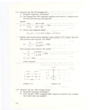 4.24 Kapasitor 2IJ.Fdan 31J.Fdirangkai seri
a) Berapakah kapasitansi ekivalennya7
b) Jika tegangan beda 500V digunakan rangkaian pada kapasitor, tentukan muatan
dan beda potensial pada tiap kapasitor?
Jawab:
C1C2 21J.F X 31J.F
a) C = = = 1.21J.F
C1+C2 21J.F + 31J.F
b) Muatan pada rangkaian adalah:
Q =CV = 1,2 X lO-6FX 500V =6 X 10-4C
Muatan pada masing-masing kapasitor, sarna (gambar 4.17). Dengan demikian
beda potensial pada kapasitor 2IJ.Fadalah:
V=1
Q 6 X 1Q-4C
= =300V
C 2 X 1O-6F1
Beda tegangan pada kapasitor 31J.Fadalah:
Q 6 X lQ-4C
V =- = =200V
2 C 3 X 1O-6F2
VI + V2 = 500V
Untuk mengecek:
C,=5pF
<;=2pF <;=3pF
+q.I_q
200V
J
soov
Gambar 4.17 Gambar 4.18
4.25 Kapasitor 5pF dan IOpF dirangkai paralel.
a) Berapakah kapasitansi ekivalennya?
b) Beda tegangan 1000V digunakan pada rangkaian, berapakah beda tegangan
dan rnuatan pada tiap kapasitor?
112
 
