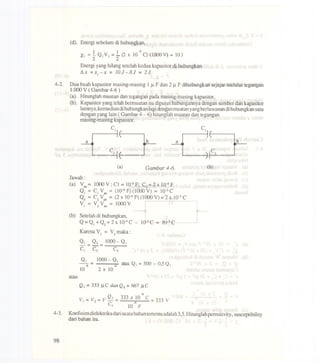 (d). Energi sebelum di hubungkan,
1 1 -2
X, = - Q,V, = - (2 x 10 C) (1000 V) = 10 J
2 2
Energi yang hilang setelah kedua kapasitor di hubungkan
~X =xr-x = 10J-8J = 2J
4-2. Dua buah kapasitor masing-masing 1 J.1.F dan 2 J.1.F dihubungkan sejajar melalui tegangan
1.000 V ( Gambar 4-6 )
(a). Hitunglah muatan dan tcgangan pada masing-masing kapasitor.
(b). Kapasitor yang telah bermuatan itu diputus hubungannya dengan sumber dan kapasitor
lainnya, kemudian dihubungkan lagidengan muatan yangberlawanan dihubungkan satu
dengan yang lain ( Gambar 4 - 6) hitunglah muatan dan tegangan
masing-masingkapasitor.
C,
a b a~
~IC,
b
(a) Gambar 4-6. (b)
Jawab:
(a) V = 1000 V' CI =10-6F' C =2 x 10-6Fab ' , 2
Q, = C, Vab= (10-6F) (1000 V) = W-3C
Q2 = C2Vab= (2 x 10-6F) (1000 V) = 2 X10-3C
V, = V2Vab = 1000V
(b) Setelah di hubungkan,
Q = Q, + Q2= 2 XW-3C - 10-3C = tQ-3C
Karena V, = V2maka:
Q, = Q2 = 1000- Q,
C, C2 C2
1000- Q, atauQ, =500 - 0,5QJ-6
2 x 10
atau
Q, = 333 J.1.Cdan Q2 =667 J.1.C
-6
V,=V2=VQ,=333x1° C=333V
C, 10 F
4-3. Koetisiendielektrikadari sualubahan tertentuadalah3,5. Hitunglahpermitivity, susceptibility
dari bahan itu.
98
 