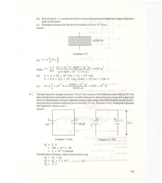 (b). Bila medan E= 1/2 medandielektrik.berapabedapotensialmaksimumdapatdilakukan
pada kondensator.
(C). Hitunglah tahanan dari kenas bila hambatjenisnya 1014Q-m.
Jawab :
0.005Cm
Gambar 4-9
..{j -2
A - Cd (0.1 x 10 F).(0.005 x 10 m) _ 0,226 2
Maka - K -12 22m
Eo 12,5(8.85x 10 C IN. m )
(b). E = 1/2 X 50 X 1()6 VIm = 2.5 X 1()6 VIm
V = Ed = (2.5 x 1()6VIm) (0.005 x 1(}-2m) = 1250 V
(c).
-2
R= P L = (1014Q m) (0.005 x 10 m) = 0.022 x 1012Q
A (0,226 m)
4-7. Sebuah kapasitor dengan kapasitas 100pF diisi muatan oleh beda potensial sebesar 50 Volt
dari sebuah batere. kemudian batere tersebut dilepaskan. dan selanjutnya kapasitor yang telah
terisi itu dihubungkan dengan kapasitor yang ke-dua yang mula-mula kosong secara paralel.
temyata beda potensial sekarang turun menjadi 35 volt (Gambar 4-10). Hitunglah kapasitas
dari kapasitor yang ke-dua ?
Jawab :
QI = clv
= 100X 1(}-12 X 50
= 5 X 10-9 Coulomb
Setelah batere di-Iepas. maka muatan akan tctap.
QI = Q + Q2
Q + Q2 = 5 X 1(}-9 1)
Q = CIV
101
E I ICI IQI' Q.!.L C2
135V
50V I ---.- 100pF
c'T 1
Gambar 4-lOa Gambar 4-lOb
 