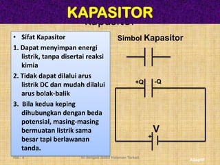 KAPASITOR
                         Kapasitor
• Sifat Kapasitor                           Simbol Kapasitor
1. Dapat menyimpan energi
   listrik, tanpa disertai reaksi
   kimia
2. Tidak dapat dilalui arus
                                                     +Q        -Q
   listrik DC dan mudah dilalui
   arus bolak-balik
3. Bila kedua keping
   dihubungkan dengan beda
   potensial, masing-masing
   bermuatan listrik sama                                      V
   besar tapi berlawanan                                   +
   tanda.
Hal.: 4                 Isi dengan Judul Halaman Terkait
                                                                    Adaptif
 