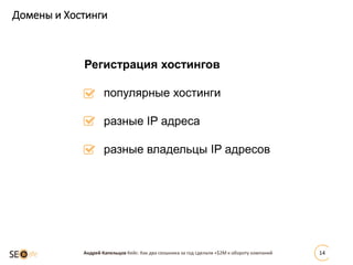 Домены и Хостинги
Андрей Капельцов Кейс: Как два сеошника за год сделали +$2М к обороту компаний 14
Регистрация хостингов
популярные хостинги
разные IP адреса
разные владельцы IP адресов
 