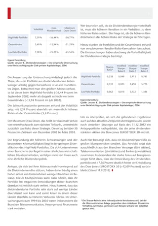 Eigene Darstellung
Quelle: Lenzner B., Dividendenstrategien – Eine empirische Untersuchung
unter Berücksichtigung der Ziele privater Kapitalanleger, 2006
Volatilität
max.
­Monatsverlust
Maximum
Draw Down
HighYield-Portfolio 7,39 % -36,44 % -50,77 %
Gesamtindex 5,60 % -15,94 % -31,29 %
LowYield-Portfolio 7,28 % -25,20 % -45,56 %
	
Die Auswertung der Untersuchung widerlegt jedoch die
These, dass ein Portfolio aus dividendenstarken Aktien
weniger anfällig gegen Kursverluste ist als ein marktbrei-
tes Depot. Betrachtet man den größten Monatsverlust,
so ist dieser beim HighYield-Portfolio (-36,44 Prozent im
September 2002) mehr als doppelt so hoch wie beim
Gesamtindex (–15,94 Prozent im Juli 2002).
Die Schwankungsbreite gemessen anhand der Volatilität
zeigt mit 7,39 Prozent ebenfalls ein wesentlich höheres
Risiko als der Gesamtindex (5,6 Prozent).
Der Maximum Draw Down, das heißt der maximale Verlust
von einem Hochpunkt zum nächsten Tiefpunkt, unterstreicht
zusätzlich das Risiko dieser Strategie. Dieser lag bei über 50
Prozent im Zeitraum von Dezember 2002 bis März 2003.
Die Begründung der höheren Schwankungen und der
besonderen Krisenanfälligkeit liegt in der geringen Diver-
sifikation des HighYield-Portfolios. Da sich Unternehmen
einer Branche in der Regel in einer ähnlichen wirtschaft-
lichen Situation befinden, verfolgen viele von ihnen auch
eine ähnliche Dividendenpolitik.
Anleger, die sich bei ihrer Aktienauswahl vorwiegend auf
die Dividendenrendite stützen, haben daher häufig einen
hohen Anteil von Unternehmen weniger Branchen im Be-
stand. Dieses Klumpenrisiko kann dazu führen, dass ihr
Portfolio bei negativen Entwicklungen dieser Branchen
überdurchschnittlich stark verliert. Hinzu kommt, dass das
dividendenstarke Portfolio sehr stark auf wenige Länder
diversifiziert sein kann und somit Krisen in einem dieser
Länder ebenfalls zu höheren Verlusten führen. Im Unter-
suchungszeitraum 1994 bis 2005 waren insbesondere die
Branchen Telekommunikation, Versorger und Finanzwerte
stark vertreten.
Wer beurteilen will, ob die Dividendenstrategie vorteilhaft
ist, muss die höheren Renditen in ein Verhältnis zu dem
höheren Risiko setzen. Die Frage ist, ob die höheren Ren-
ditechancen das höhere Risiko der Strategie rechtfertigen.
Hierzu wurden die Portfolien und der Gesamtindex anhand
von verschiedenen Rendite-Risiko-Kennzahlen betrachtet.
Die Untersuchungen haben durchweg die Vorteilhaftigkeit
der Dividendenstrategie bestätigt.
Sharpe-
Ratio*
modified
Sharpe-
Ratio 0
modified
Sharpe-
Ratio 1
modified
Sharpe-
Ratio 2
HighYield-Portfolio 0,238 0,049 0,913 9,743
Gesamtindex 0,159 0,023 0,458 5,775
LowYield-Portfolio 0,062 0,010 0,172 1,586
Eigene Darstellung
Quelle: Lenzner B., Dividendenstrategien – Eine empirische Untersuchung
unter Berücksichtigung der Ziele privater Kapitalanleger, 2006
Um zu überprüfen, ob sich die gefundenen Ergebnisse
auch auf den aktuellen Zeitpunkt übertragen lassen, wurde
nach derselben Strategie auf Basis des 31.12.2012 ein
Anlageportfolio nachgebildet, das die zehn dividenden-
stärksten Aktien des Dow Jones EUROSTOXX 50 enthält.
Auch hier bestätigt sich, dass ein Dividendenportfolio zu
großen Klumpenrisiken tendiert. Das Portfolio setzt sich
ausschließlich aus den Branchen Versorger (fünf Aktien),
Telekommunikation (drei Aktien) und Banken (zwei Aktien)
zusammen. Insbesondere der starke Fokus auf Energiever-
sorger führt dazu, dass die Entwicklung des Dividenden-
portfolios mit +7,36 Prozent deutlich hinter der Entwicklung
des Dow Jones EUROSTOXX 50 (+12,09 Prozent) zurück-
bleibt (Stand 11.9.2013). ❚
* Die Sharpe-Ratio ist eine risikoadjustierte Renditekennzahl, bei der
die Überrendite einer Anlage gegenüber dem risikolosen Zinssatz ins
Verhältnis zum Risiko, gemessen zum Beispiel anhand der Volatilität
gesetzt wird.
5
 