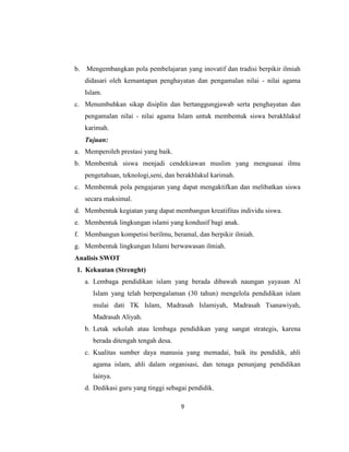 9
b. Mengembangkan pola pembelajaran yang inovatif dan tradisi berpikir ilmiah
didasari oleh kemantapan penghayatan dan pengamalan nilai - nilai agama
Islam.
c. Menumbuhkan sikap disiplin dan bertanggungjawab serta penghayatan dan
pengamalan nilai - nilai agama Islam untuk membentuk siswa berakhlakul
karimah.
Tujuan:
a. Memperoleh prestasi yang baik.
b. Membentuk siswa menjadi cendekiawan muslim yang menguasai ilmu
pengetahuan, teknologi,seni, dan berakhlakul karimah.
c. Membentuk pola pengajaran yang dapat mengaktifkan dan melibatkan siswa
secara maksimal.
d. Membentuk kegiatan yang dapat membangun kreatifitas individu siswa.
e. Membentuk lingkungan islami yang kondusif bagi anak.
f. Membangun kompetisi berilmu, beramal, dan berpikir ilmiah.
g. Membentuk lingkungan Islami berwawasan ilmiah.
Analisis SWOT
1. Kekuatan (Strenght)
a. Lembaga pendidikan islam yang berada dibawah naungan yayasan Al
Islam yang telah berpengalaman (30 tahun) mengelola pendidikan islam
mulai dati TK Islam, Madrasah Islamiyah, Madrasah Tsanawiyah,
Madrasah Aliyah.
b. Letak sekolah atau lembaga pendidikan yang sangat strategis, karena
berada ditengah tengah desa.
c. Kualitas sumber daya manusia yang memadai, baik itu pendidik, ahli
agama islam, ahli dalam organisasi, dan tenaga penunjang pendidikan
lainya.
d. Dedikasi guru yang tinggi sebagai pendidik.
 