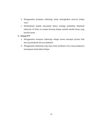 13
b. Menggunakan kemajuan tekhnologi untuk meningkatkan motivasi belajar
siswa
c. Membuktikan kepada masyarakat bahwa lembaga pendidikan Madrasah
Islamiyah Al Islam itu mampu bersaing dengan sekolah sekolah lainya yang
bersifat umum.
4) Strategi WT
a. Menggunakan kemajuan tekhnologi sebagai sarana mencapai prestasi baik
dari segi akademik dan non akademik.
b. Menggunakan tekhnologi yang maju untuk membantu siswa yang mempunyai
kemampuan lemah dalam belajar.
 