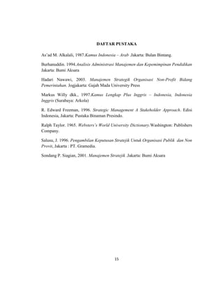 15
DAFTAR PUSTAKA
As’ad M. Alkalali, 1987.Kamus Indonesia – Arab .Jakarta: Bulan Bintang.
Burhanuddin. 1994.Analisis Administrasi Manajemen dan Kepemimpinan Pendidikan
Jakarta: Bumi Aksara
Hadari Nawawi, 2003. Manajemen Strategik Organisasi Non-Profit Bidang
Pemerintahan. Jogjakarta: Gajah Mada University Press
Markus Willy dkk., 1997.Kamus Lengkap Plus Inggris – Indonesia, Indonesia
Inggris (Surabaya: Arkola)
R. Edward Freeman, 1996. Strategic Management A Stakeholder Approach. Edisi
Indonesia, Jakarta: Pustaka Binaman Presindo.
Ralph Taylor. 1965. Websters’s World University Dictionary.Washington: Publishers
Company.
Salusu, J. 1996. Pengambilan Keputusan Stratejik Untuk Organisasi Publik dan Non
Provit, Jakarta : PT. Gramedia.
Sondang P. Siagian, 2001. Manajemen Stratejik .Jakarta: Bumi Aksara
 