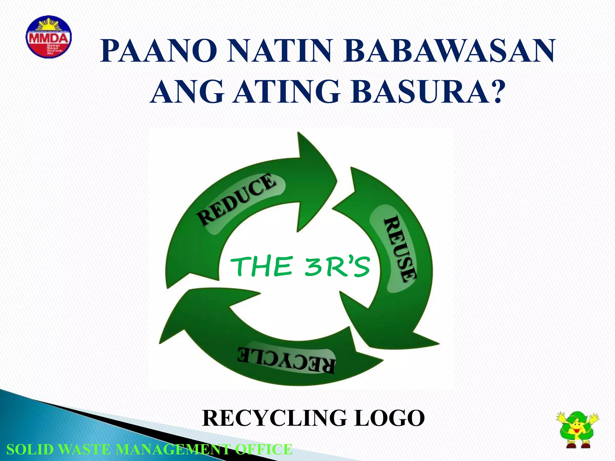 SOLID WASTE MANAGEMENT OFFICE
PAANO NATIN BABAWASAN
ANG ATING BASURA?
THE 3R’S
RECYCLING LOGO
 