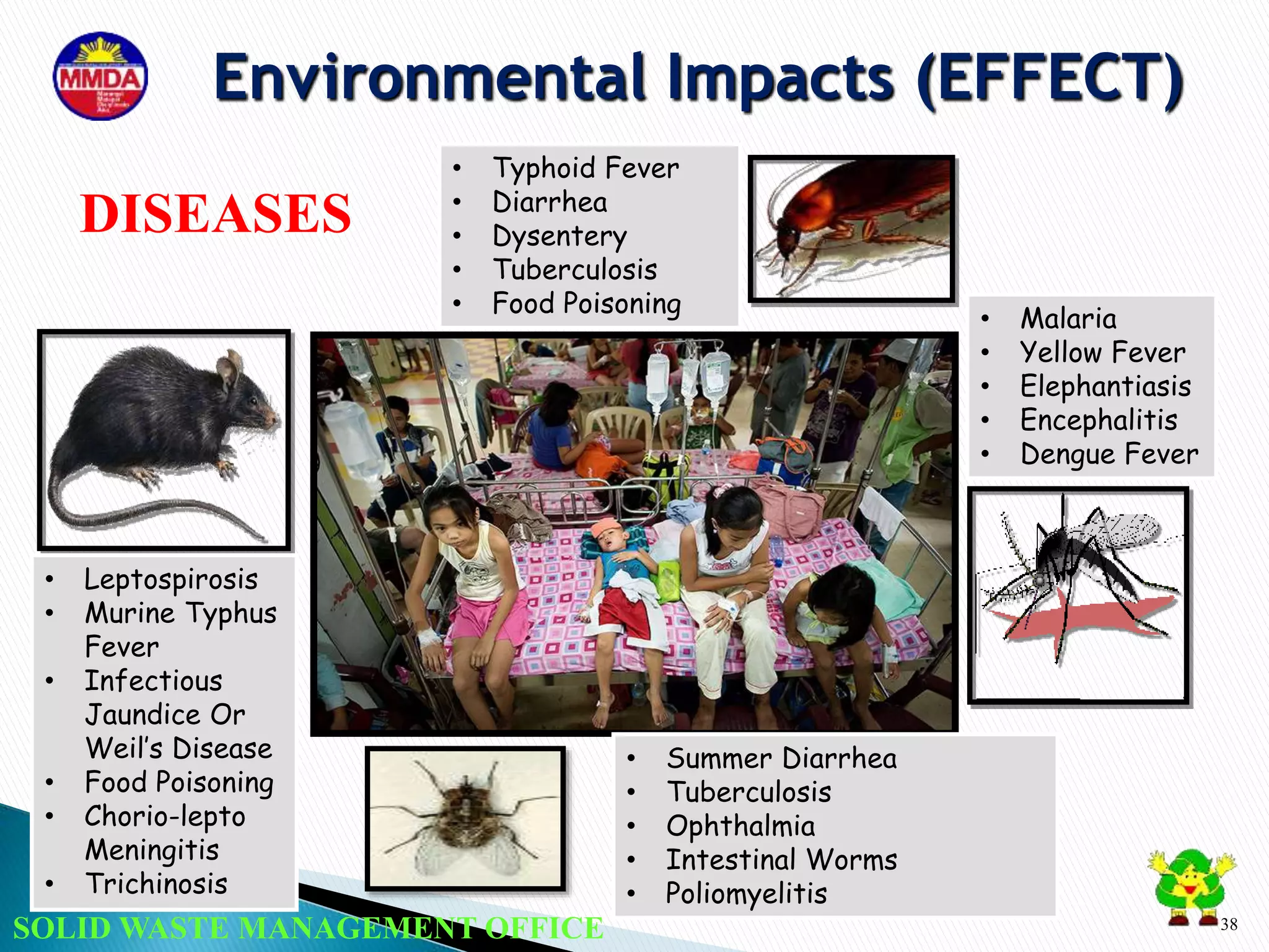 SOLID WASTE MANAGEMENT OFFICE 38
• Leptospirosis
• Murine Typhus
Fever
• Infectious
Jaundice Or
Weil’s Disease
• Food Poisoning
• Chorio-lepto
Meningitis
• Trichinosis
• Summer Diarrhea
• Tuberculosis
• Ophthalmia
• Intestinal Worms
• Poliomyelitis
• Malaria
• Yellow Fever
• Elephantiasis
• Encephalitis
• Dengue Fever
• Typhoid Fever
• Diarrhea
• Dysentery
• Tuberculosis
• Food Poisoning
DISEASES
Environmental Impacts (EFFECT)
 