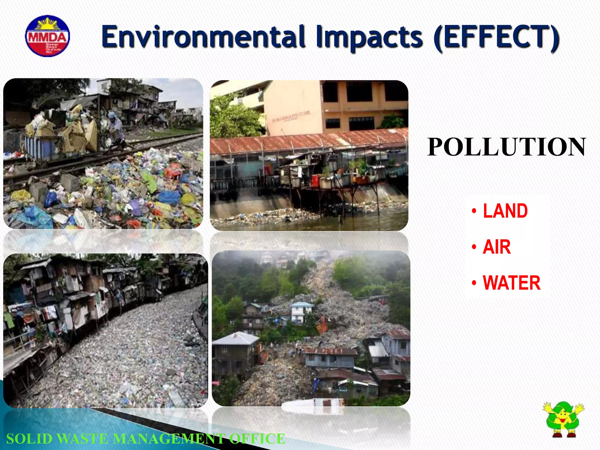 SOLID WASTE MANAGEMENT OFFICE
• LAND
• AIR
• WATER
POLLUTION
Environmental Impacts (EFFECT)
 
