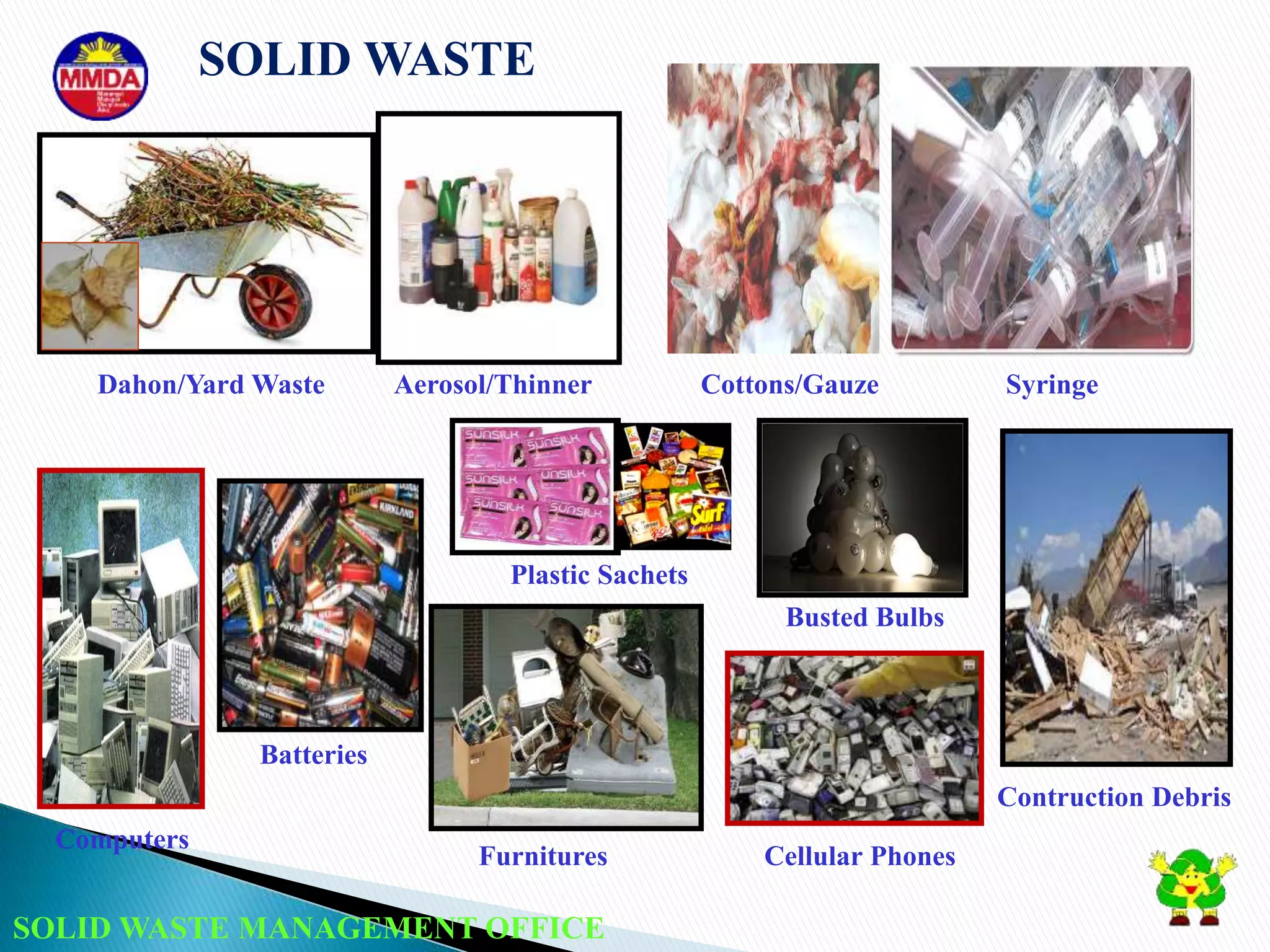 SOLID WASTE MANAGEMENT OFFICE
SOLID WASTE
Batteries
Computers
Furnitures
Dahon/Yard Waste Aerosol/Thinner
Cellular Phones
Contruction Debris
SyringeCottons/Gauze
Plastic Sachets
Busted Bulbs
 