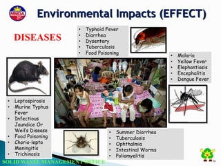 SOLID WASTE MANAGEMENT OFFICE 38
• Leptospirosis
• Murine Typhus
Fever
• Infectious
Jaundice Or
Weil’s Disease
• Food Poisoning
• Chorio-lepto
Meningitis
• Trichinosis
• Summer Diarrhea
• Tuberculosis
• Ophthalmia
• Intestinal Worms
• Poliomyelitis
• Malaria
• Yellow Fever
• Elephantiasis
• Encephalitis
• Dengue Fever
• Typhoid Fever
• Diarrhea
• Dysentery
• Tuberculosis
• Food Poisoning
DISEASES
Environmental Impacts (EFFECT)
 