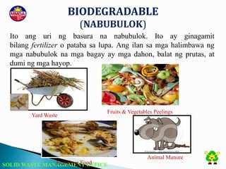 SOLID WASTE MANAGEMENT OFFICE
BIODEGRADABLE
(NABUBULOK)
Yard Waste
Fruits & Vegetables Peelings
Left Over Food
Animal Manure
Ito ang uri ng basura na nabubulok. Ito ay ginagamit
bilang fertilizer o pataba sa lupa. Ang ilan sa mga halimbawa ng
mga nabubulok na mga bagay ay mga dahon, balat ng prutas, at
dumi ng mga hayop.
 