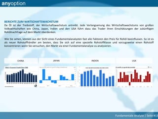 BERICHTE ZUM WIRTSCHAFTSWACHSTUM
Da Öl ist der Treibstoff, der Wirtschaftswachstum antreibt. Jede Verlangsamung des Wirtschaftswachstums von großen
Volkswirtschaften wie China, Japan, Indien und den USA führt dazu das Trader ihren Einschätzungen der zukünftigen
Rohölnachfrage auf dem Markt überdenken.
Wie Sie sehen, können aus der Sicht eines Fundamentalanalysten fast alle Faktoren den Preis für Rohöl beeinflussen. So ist es
als neuer Rohstoffhändler am besten, dass Sie sich auf eine spezielle Rohstoffklasse und vorzugsweise einen Rohstoff
konzentrieren wenn Sie versuchen, den Markt via einer Fundamentalanalyse zu analysieren.
CHINA JAPAN INDIEN USA
Fundamentale Analyse | Seite #13
 